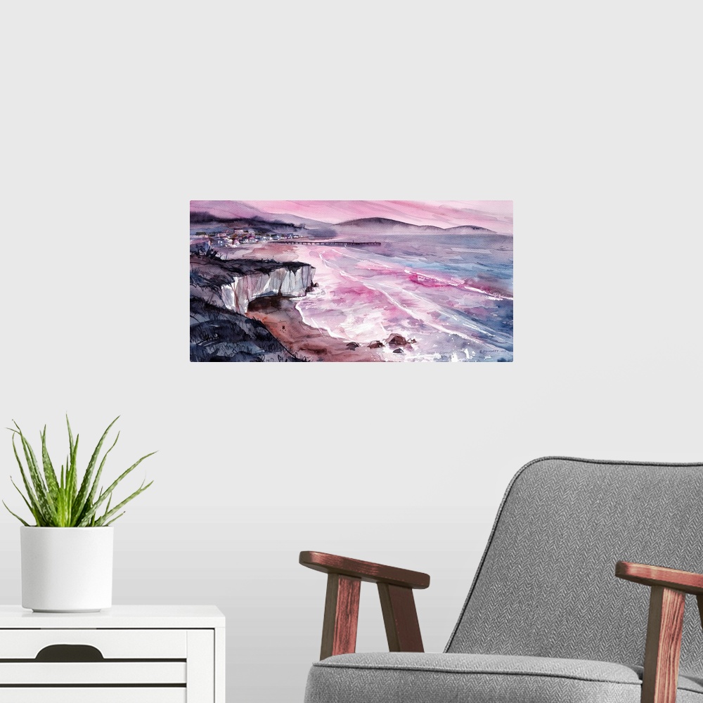 A modern room featuring Watercolor artwork of Shell Beach at sunset. It's a place just south of San Luis Obispo town prop...