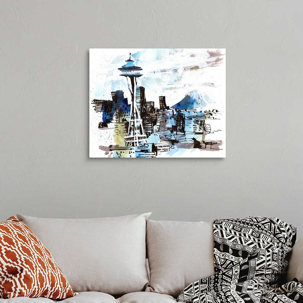 A bohemian room featuring The most famous view of Seattle, seen from Kerry Park in Upper Queen Anne neighborhood, captured ...