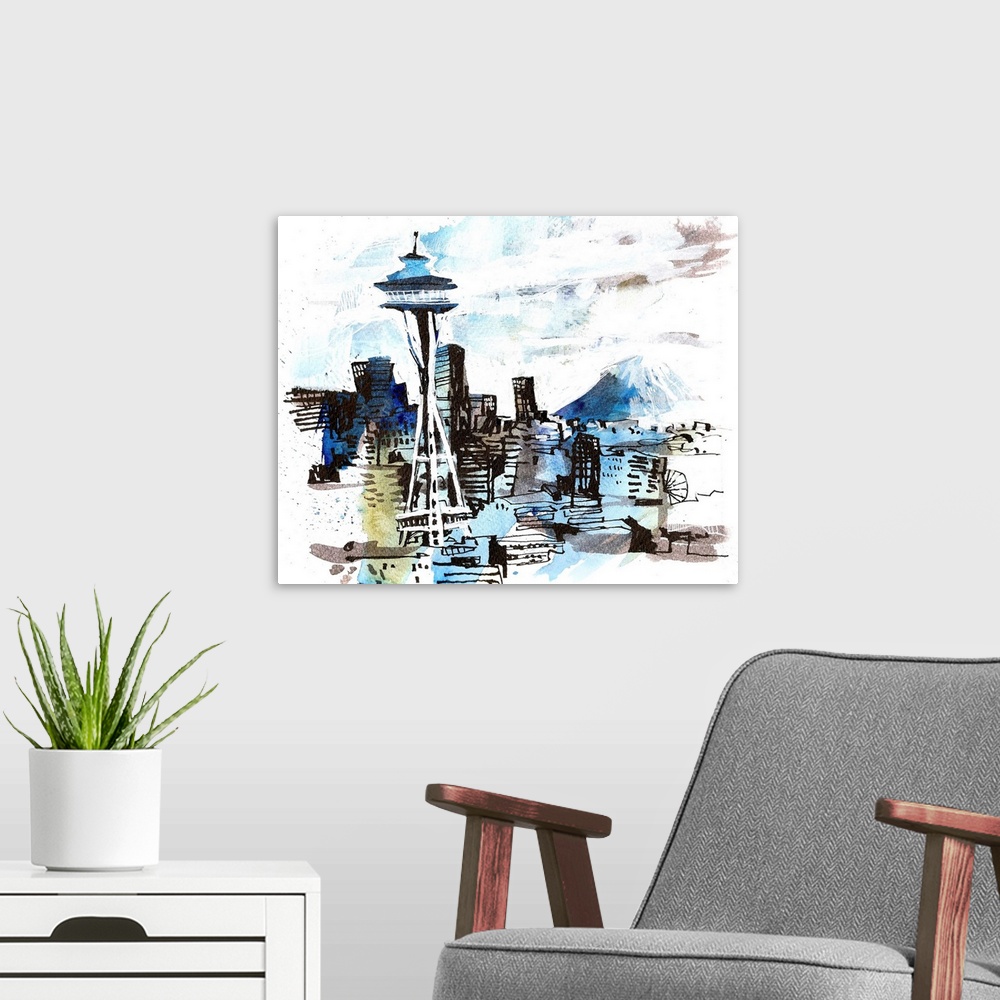 A modern room featuring The most famous view of Seattle, seen from Kerry Park in Upper Queen Anne neighborhood, captured ...
