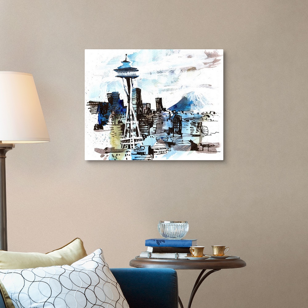 A traditional room featuring The most famous view of Seattle, seen from Kerry Park in Upper Queen Anne neighborhood, captured ...