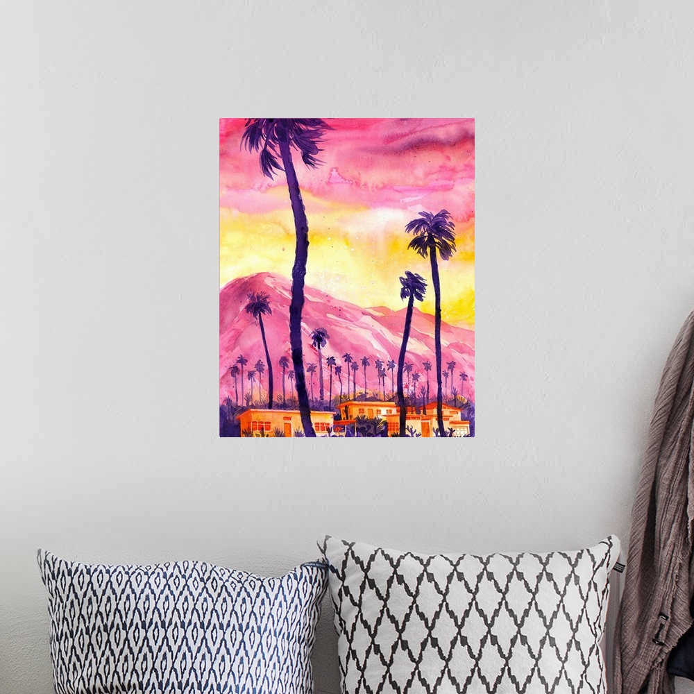 A bohemian room featuring Watercolor of an imagined view in Palm Springs. Showing the distinguishing features of the scener...