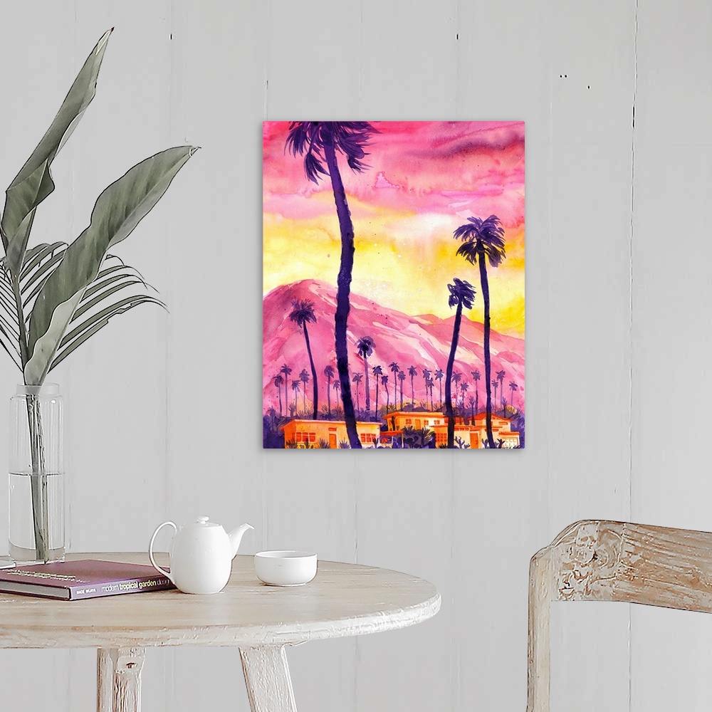 A farmhouse room featuring Watercolor of an imagined view in Palm Springs. Showing the distinguishing features of the scener...