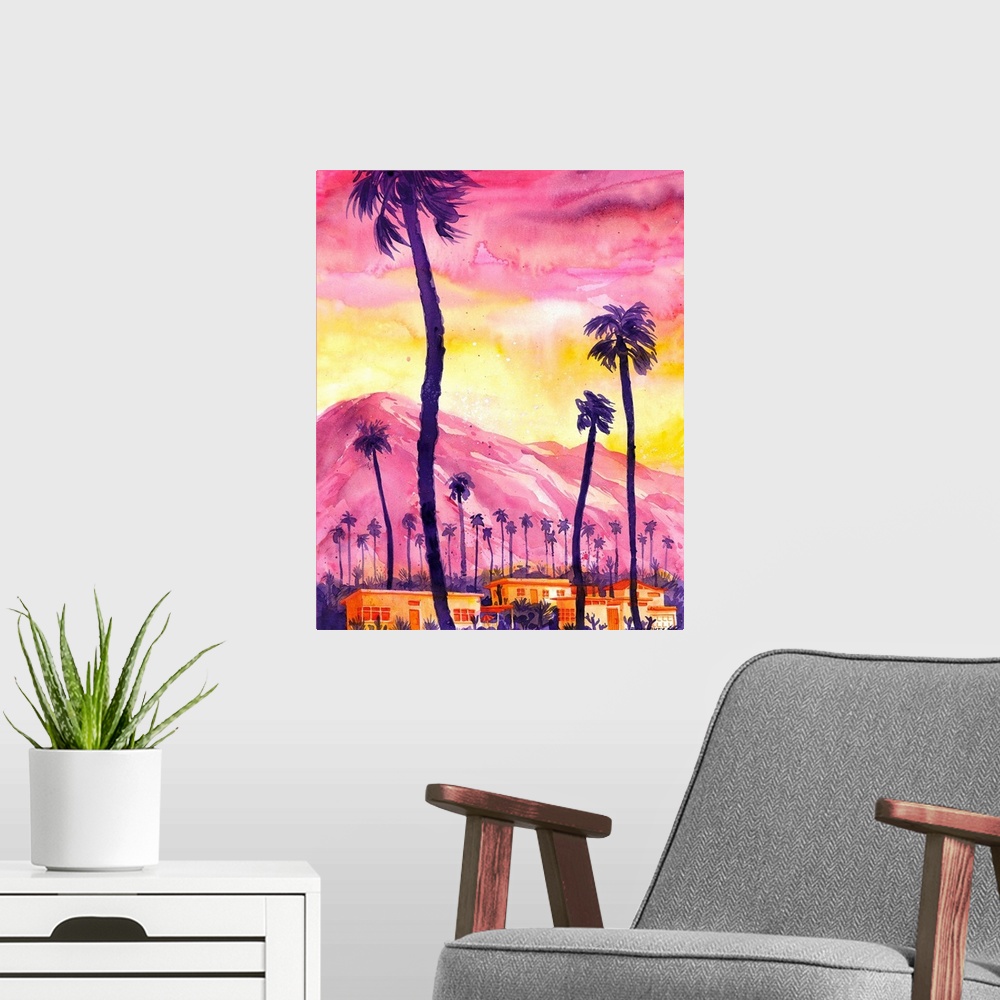 A modern room featuring Watercolor of an imagined view in Palm Springs. Showing the distinguishing features of the scener...