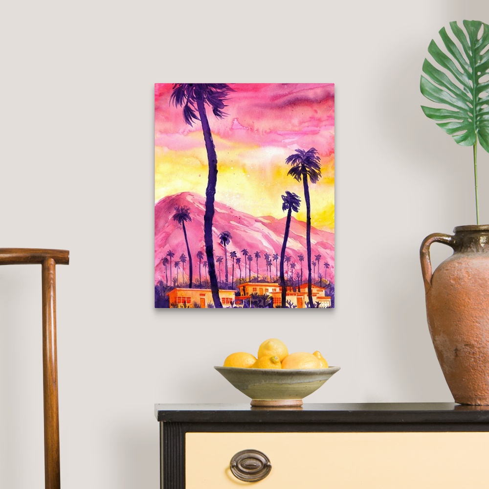 A traditional room featuring Watercolor of an imagined view in Palm Springs. Showing the distinguishing features of the scener...