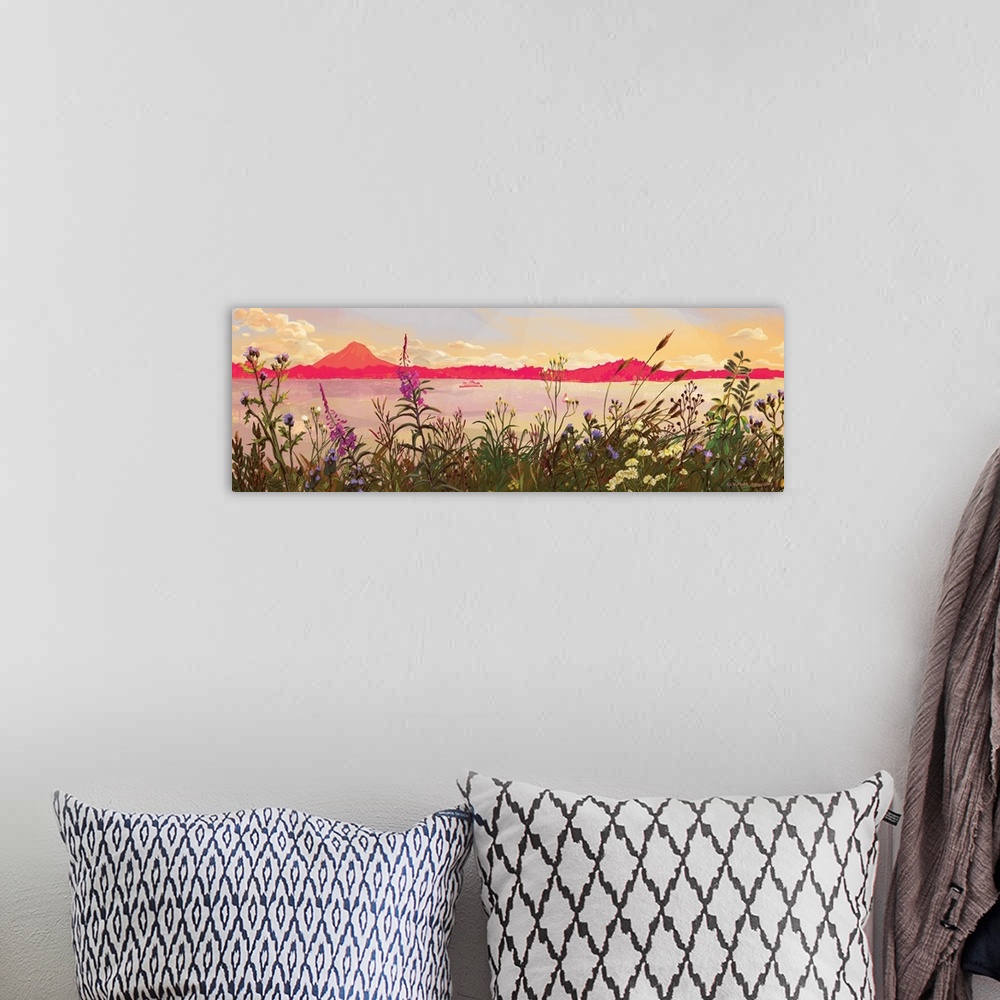 A bohemian room featuring A distant ferry cruises through Elliot Bay during sunset, framed by multicolored wildflowers in t...