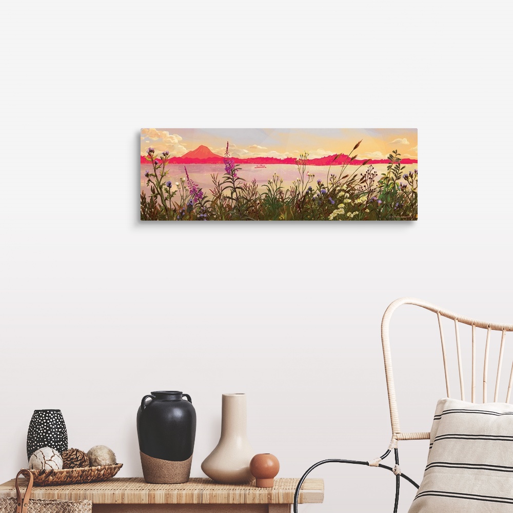 A farmhouse room featuring A distant ferry cruises through Elliot Bay during sunset, framed by multicolored wildflowers in t...