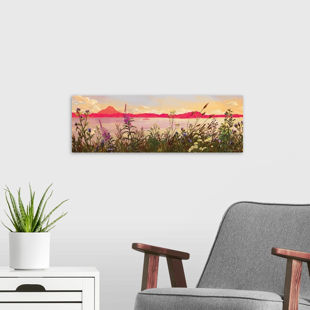 A modern room featuring A distant ferry cruises through Elliot Bay during sunset, framed by multicolored wildflowers in t...