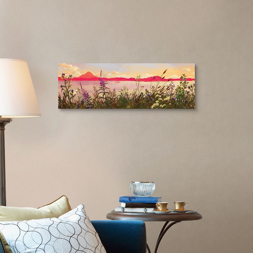 A traditional room featuring A distant ferry cruises through Elliot Bay during sunset, framed by multicolored wildflowers in t...