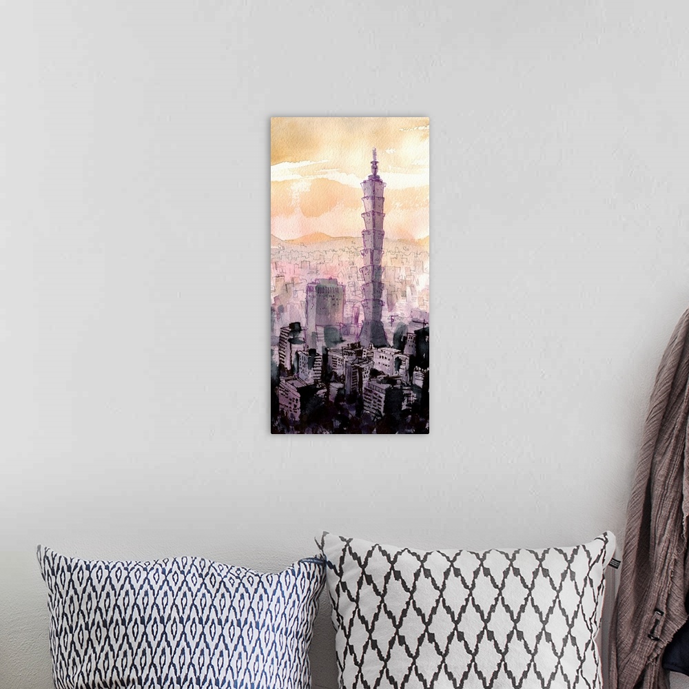 A bohemian room featuring The tiers of Taipei 101 emerge from a vast shadowy skyline.