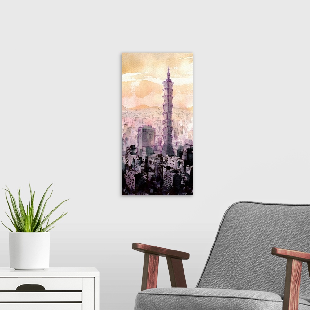 A modern room featuring The tiers of Taipei 101 emerge from a vast shadowy skyline.