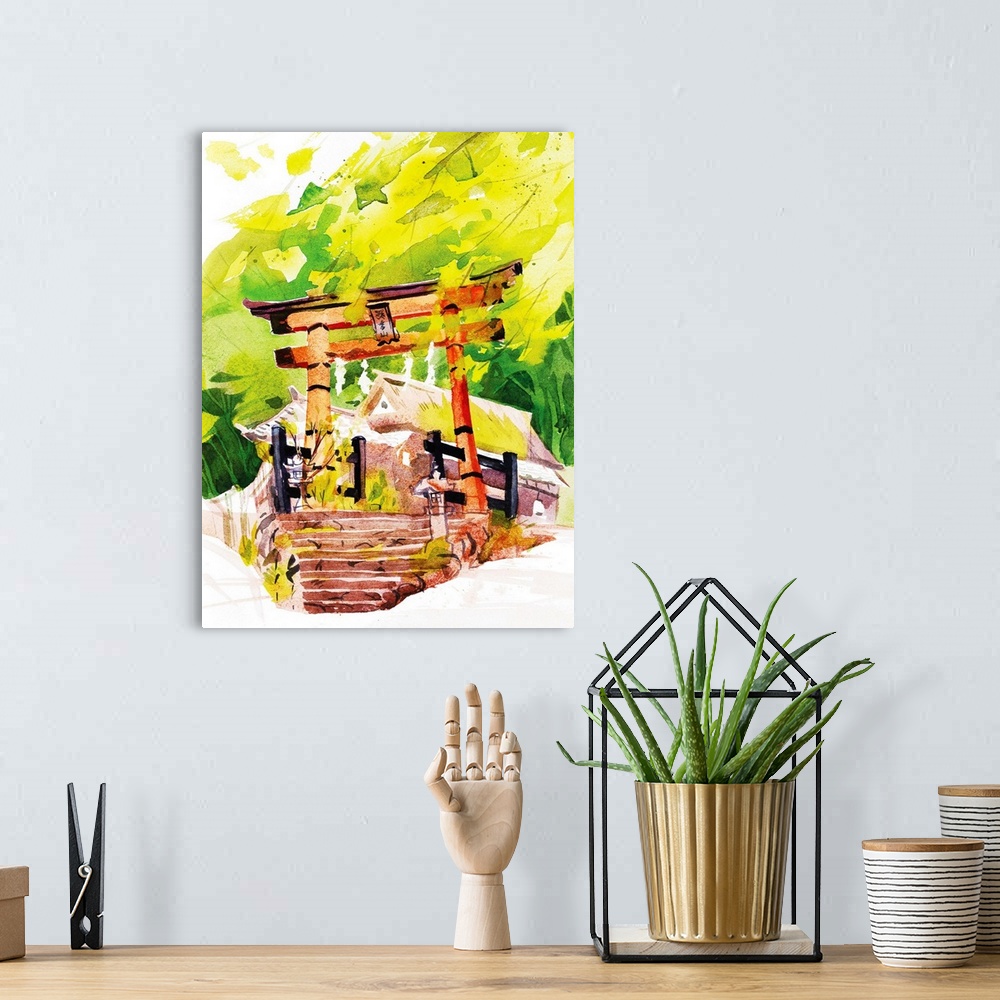 A bohemian room featuring Watercolor illustration of a typical Shinto temple gate I painted in Kyoto in late summer near Ar...