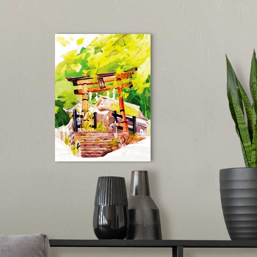 A modern room featuring Watercolor illustration of a typical Shinto temple gate I painted in Kyoto in late summer near Ar...