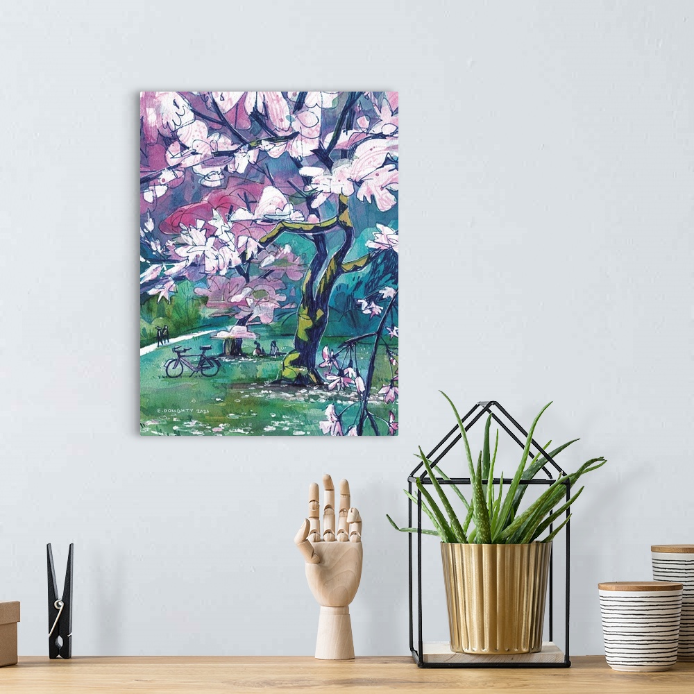 A bohemian room featuring March is for cherry blossoms. Abstracted clouds of flowers hang above people having picnics and w...