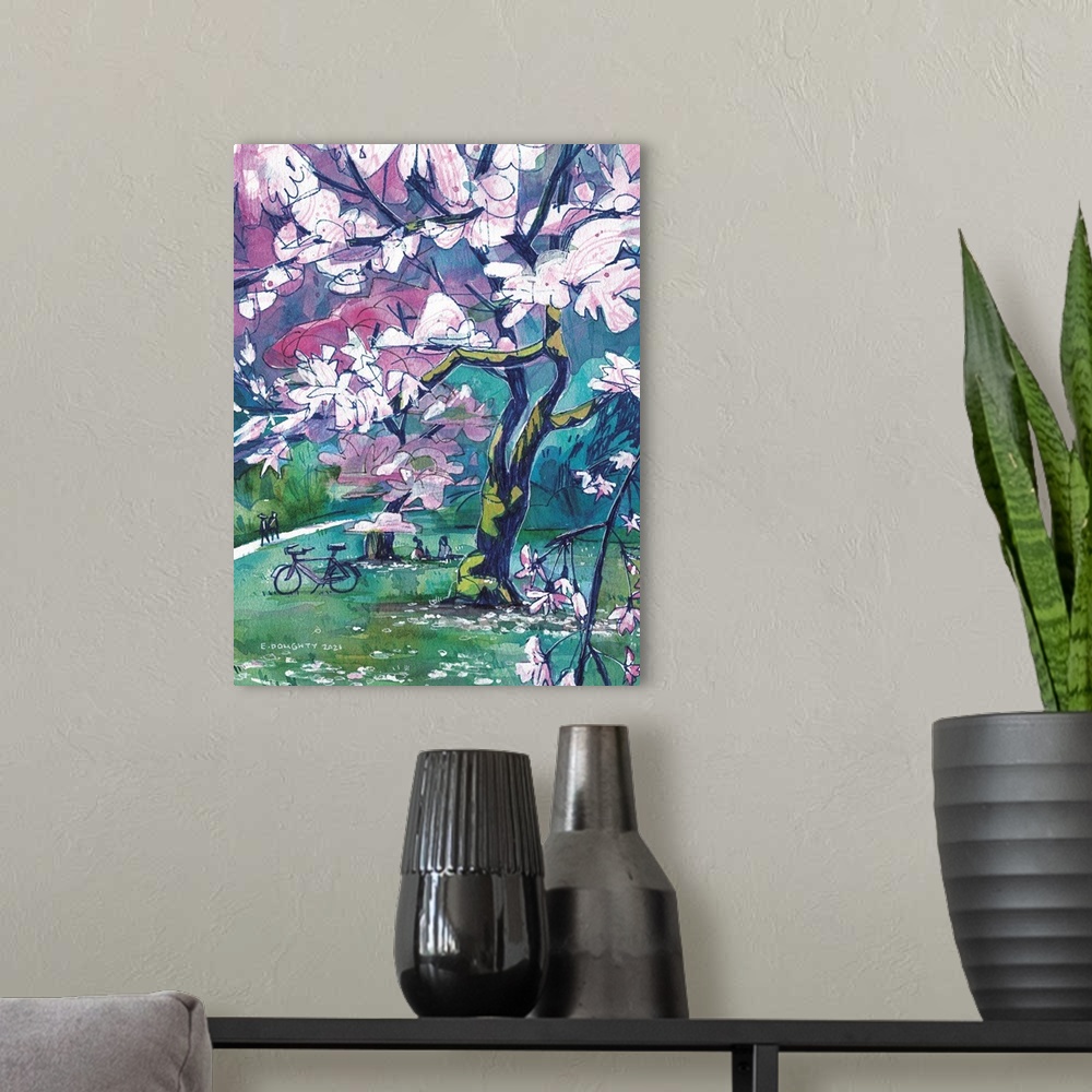 A modern room featuring March is for cherry blossoms. Abstracted clouds of flowers hang above people having picnics and w...