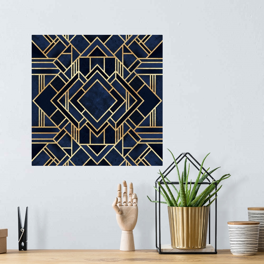 A bohemian room featuring Symmetrical art deco design of dark blue shapes bordered with intricate gold lines