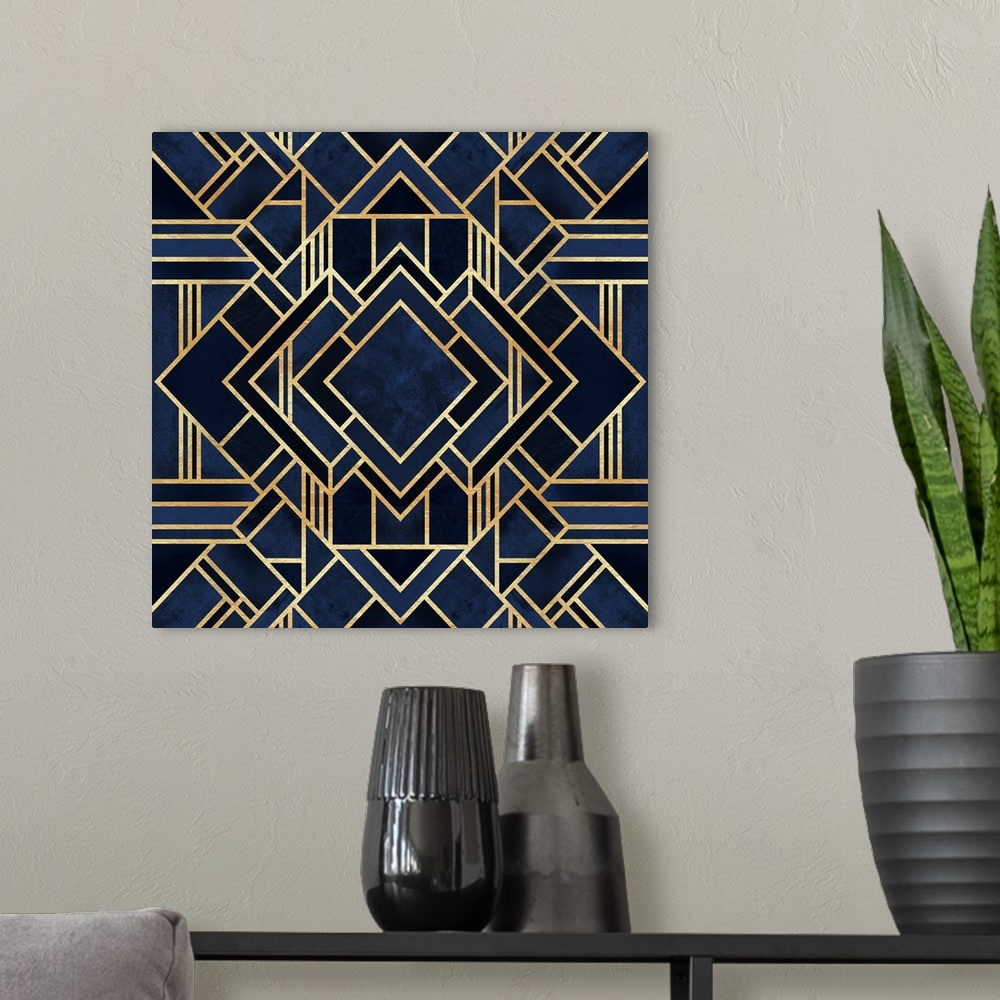 A modern room featuring Symmetrical art deco design of dark blue shapes bordered with intricate gold lines