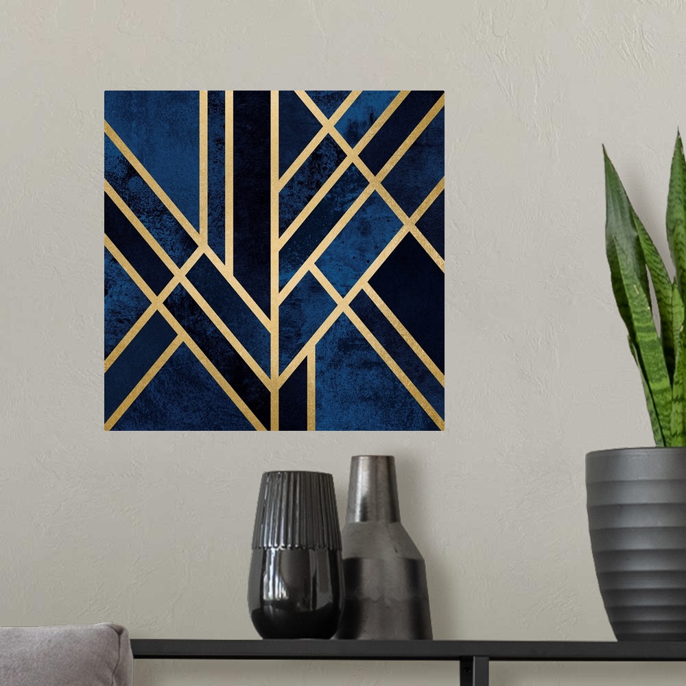 A modern room featuring A simple art deco design in gold lines on a background of mottled dark blue and navy