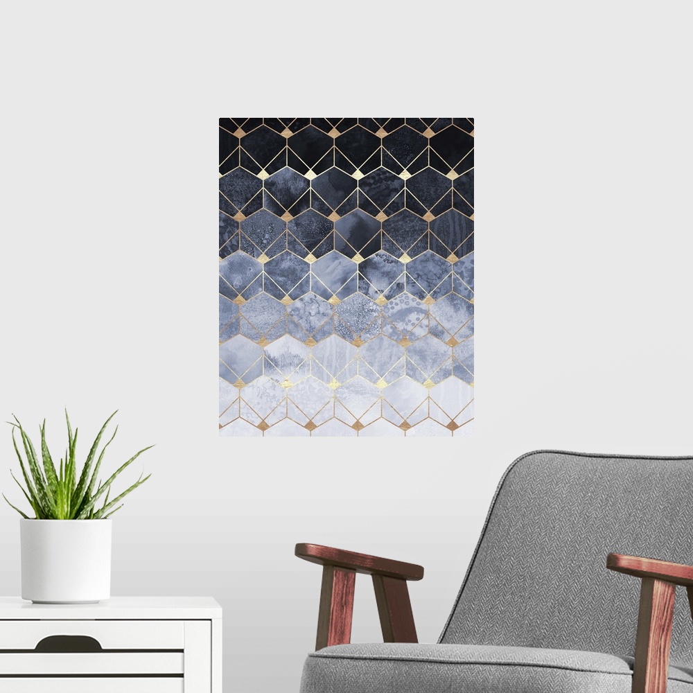 A modern room featuring A prism of triangles in various shades of textured ivory and navy are arranged in to form a three...