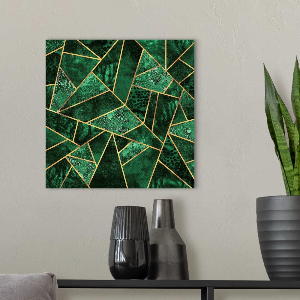 A modern room featuring A contemporary, geometric, art deco design in shades of green. The shapes are outlined in gold.