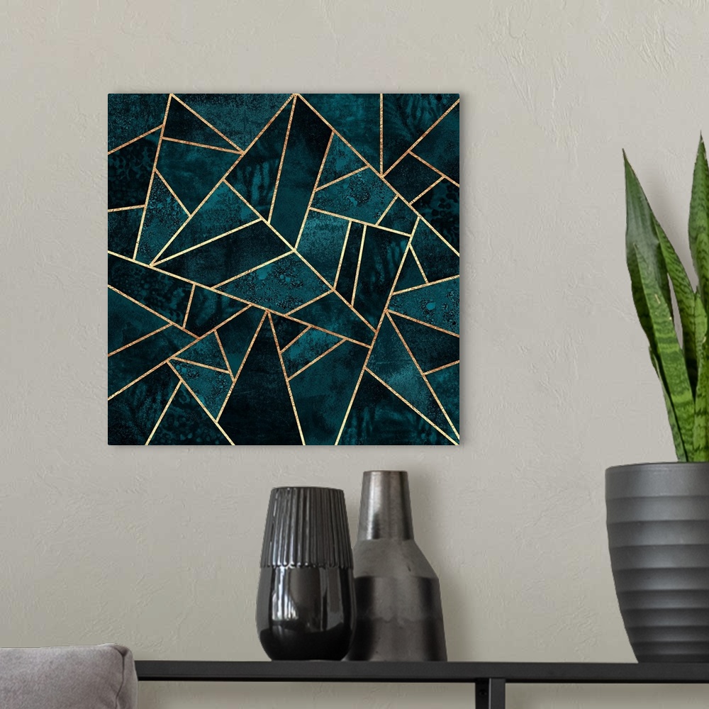 A modern room featuring A contemporary, geometric, art deco design in shades of dark teal. The shapes are outlined in gold.