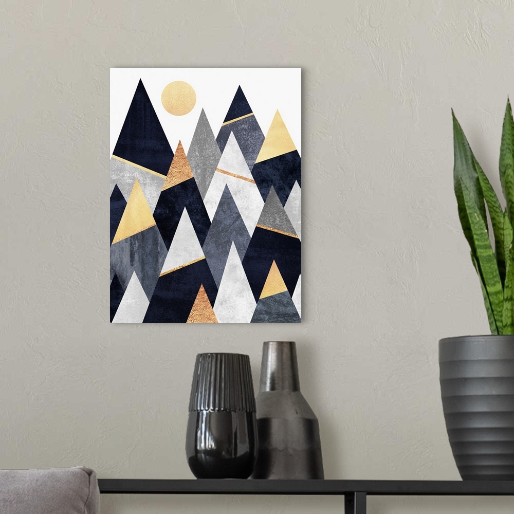A modern room featuring A simple geometric interpretation of triangular mountains in shades of grey, ivory and gold  bene...