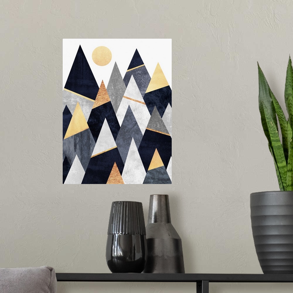 A modern room featuring A simple geometric interpretation of triangular mountains in shades of grey, ivory and gold  bene...