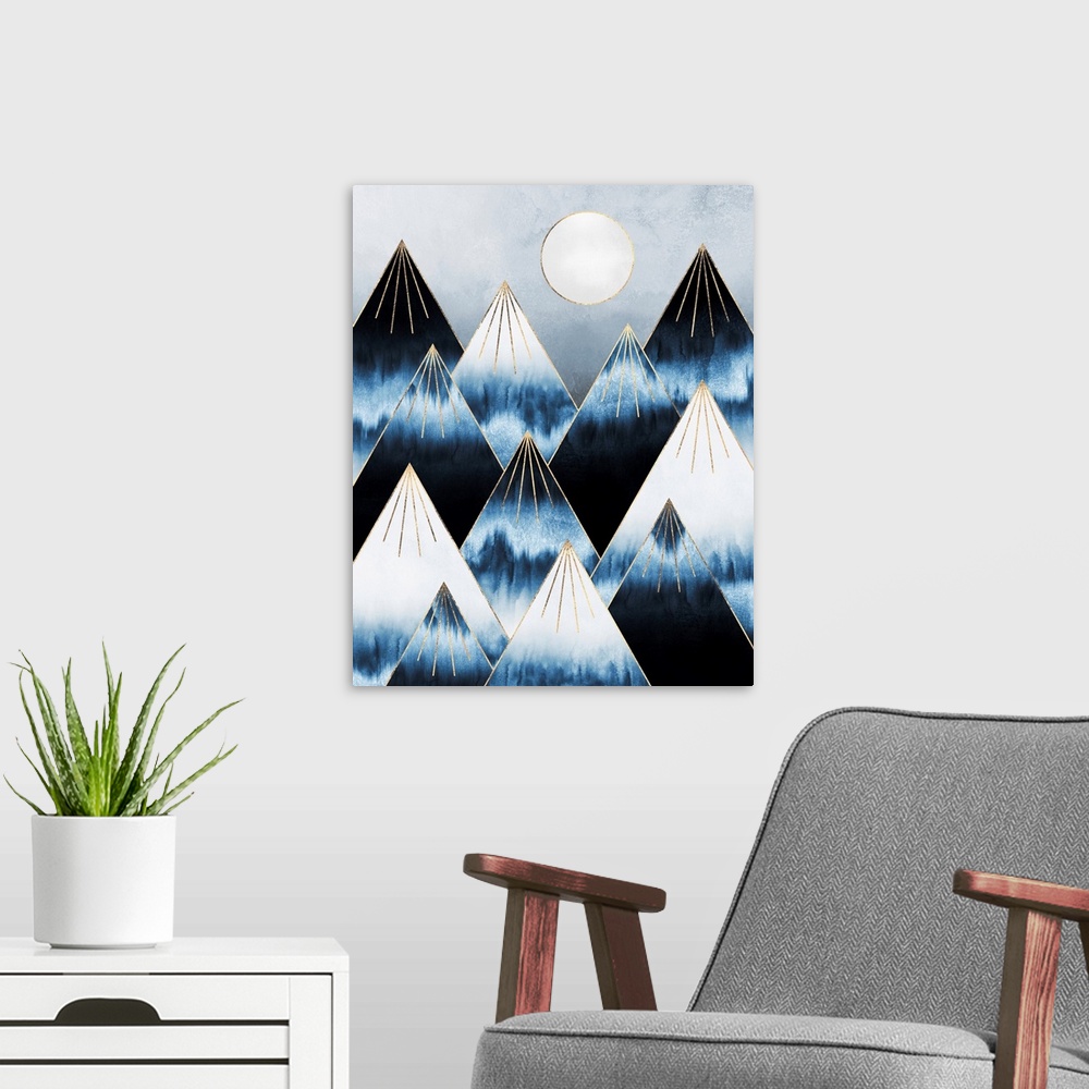 A modern room featuring A simple geometric interpretation of triangular mountains in shades of  ivory and indigo blue  be...