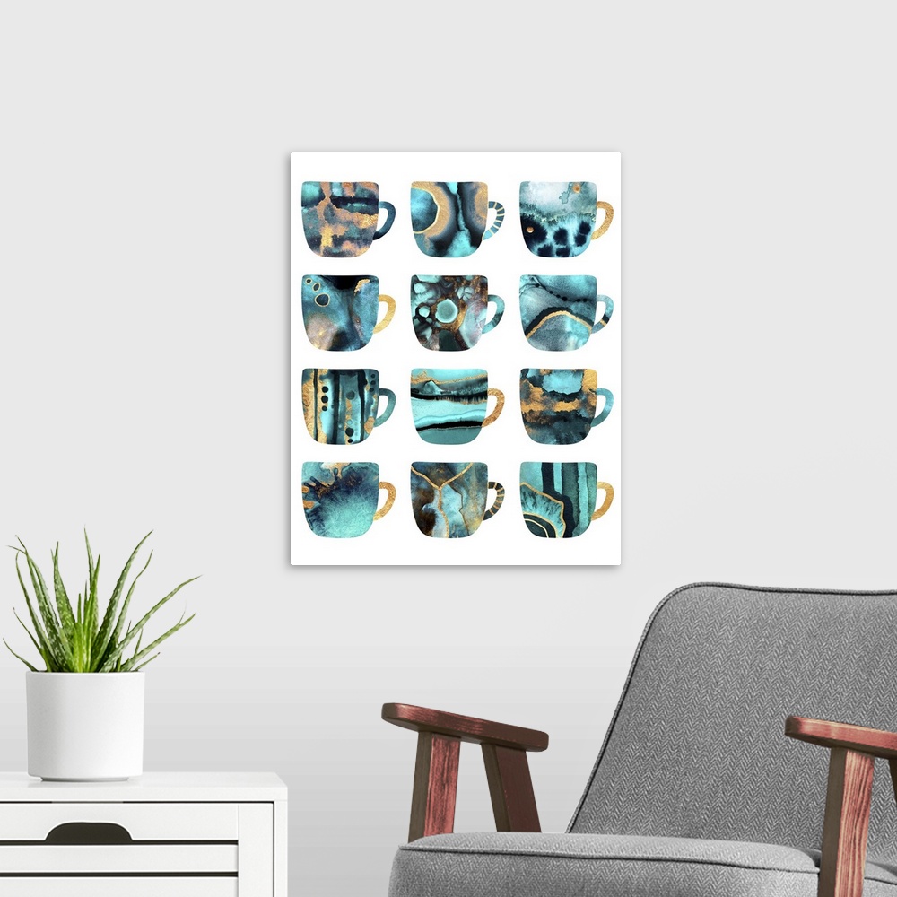A modern room featuring A collection of same-shaped coffee mugs featuring different patterns and textures, in turquoise, ...