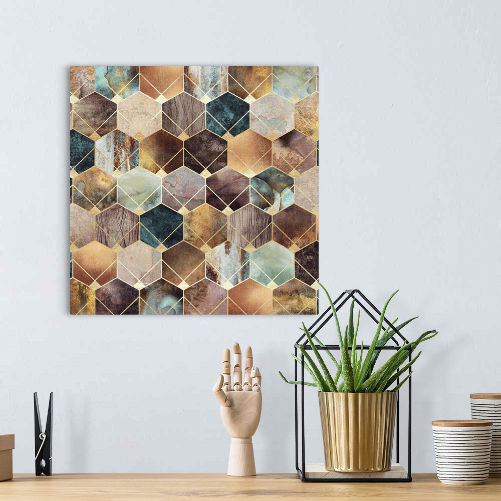 A bohemian room featuring Contemporary abstract design of a set of gold hexagons in metallic greens and earth tones