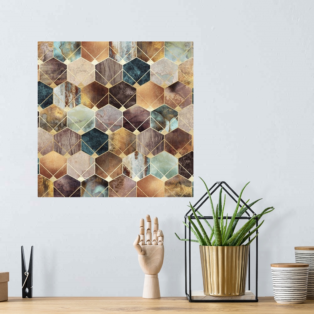 A bohemian room featuring Contemporary abstract design of a set of gold hexagons in metallic greens and earth tones