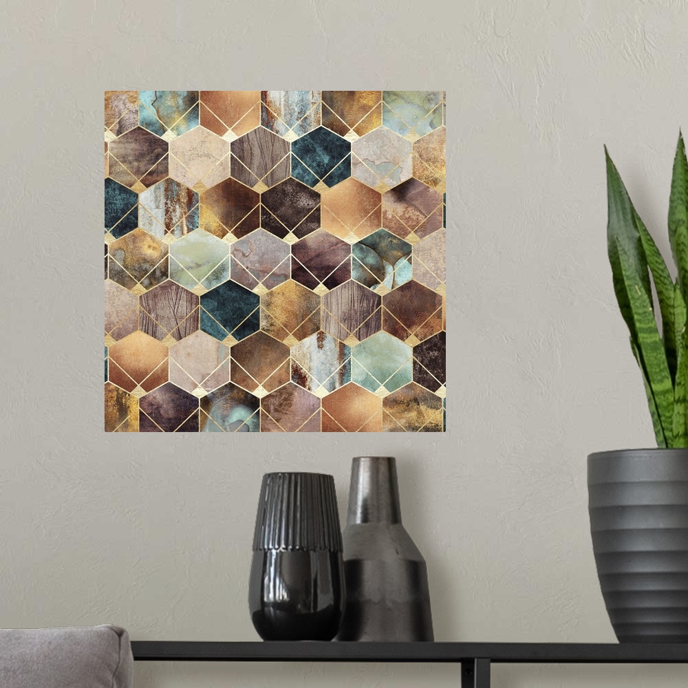 A modern room featuring Contemporary abstract design of a set of gold hexagons in metallic greens and earth tones