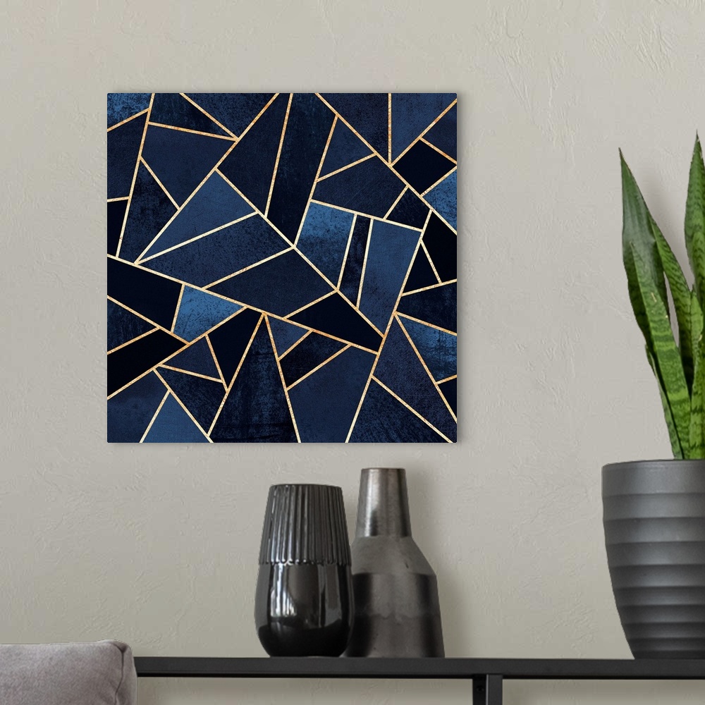 A modern room featuring A contemporary, geometric, diagonal art deco design in shades of indigo. The shapes are outlined ...