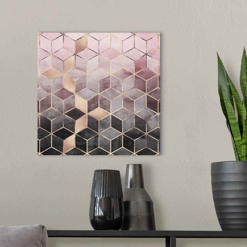 A modern room featuring A prism of triangles in various shades of textured rose gold and grey are arranged in to form a t...
