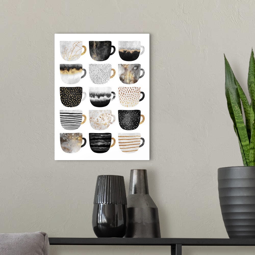 A modern room featuring A collection of differently shaped coffee mugs featuring different patterns and textures, in shad...