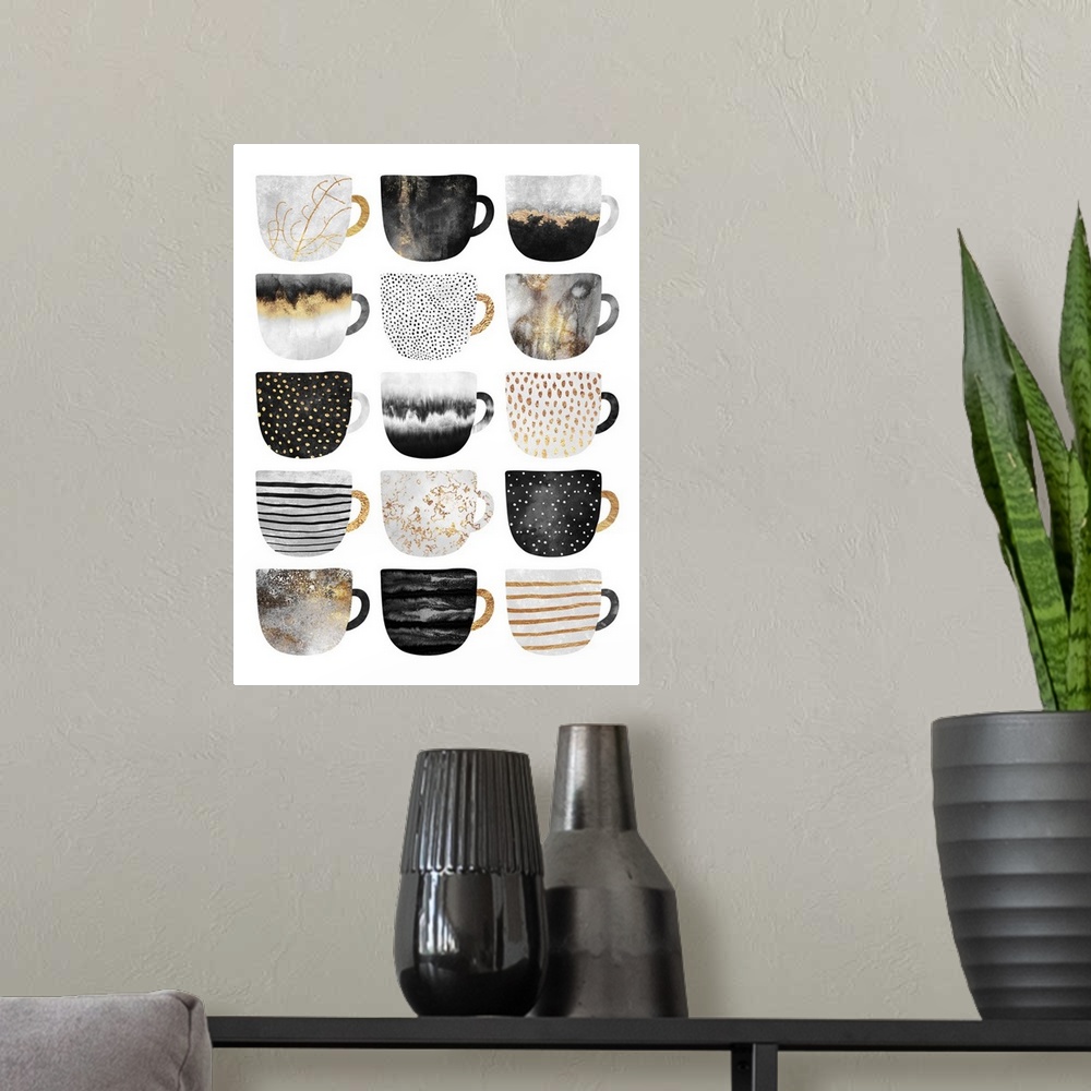 A modern room featuring A collection of differently shaped coffee mugs featuring different patterns and textures, in shad...