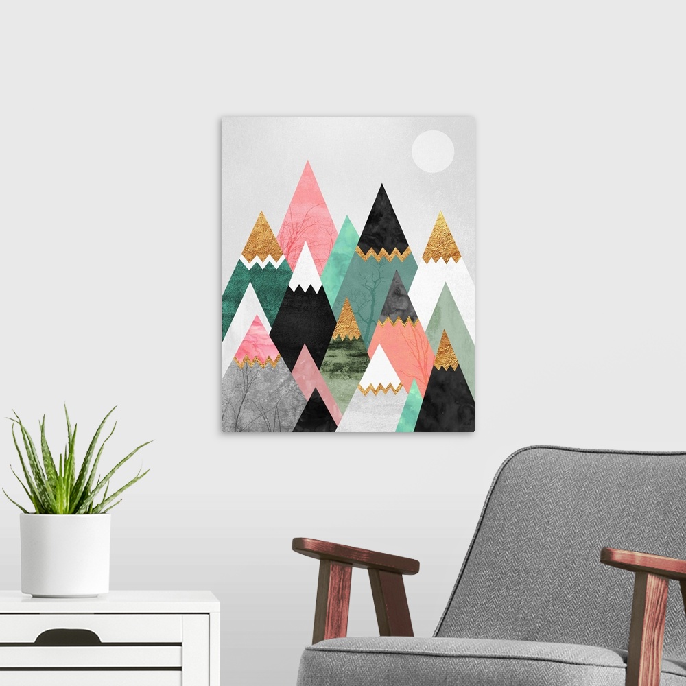 A modern room featuring A simple geometric interpretation of triangular mountains in shades of green, pink, white and gre...