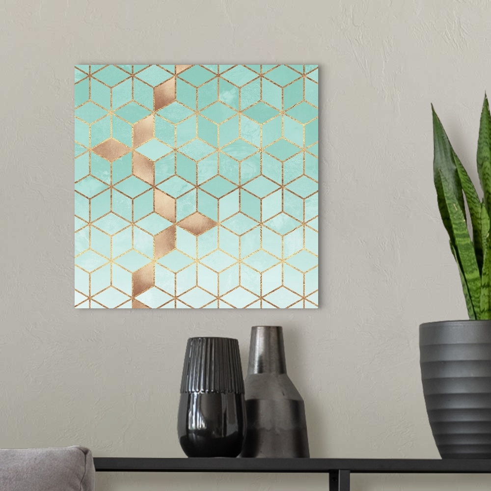 A modern room featuring A contemporary, geometric, art deco design in shades of aquamarine and gold. The shapes are outli...