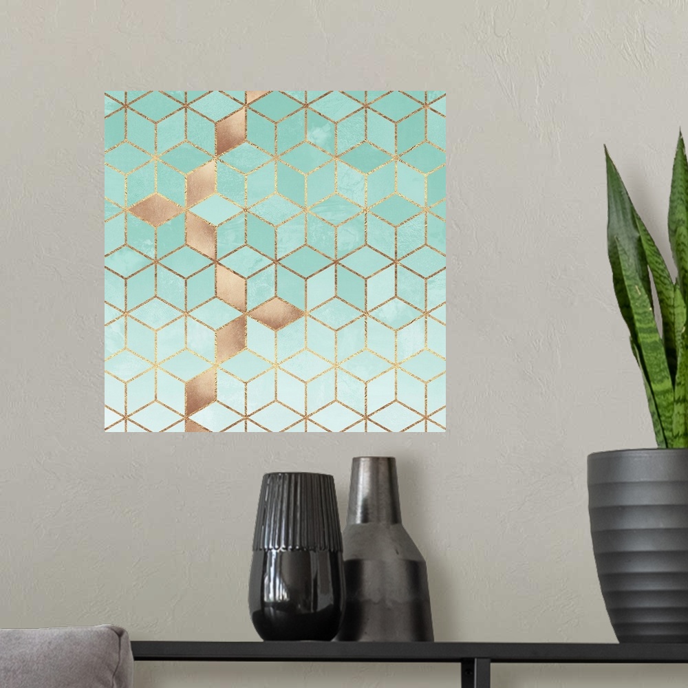 A modern room featuring A contemporary, geometric, art deco design in shades of aquamarine and gold. The shapes are outli...