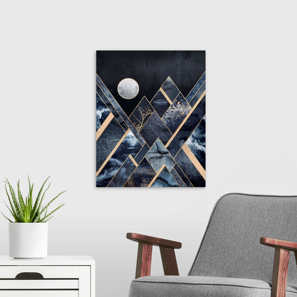 A modern room featuring A simple geometric interpretation of triangular mountains in shades of steel blue, gold and grey ...