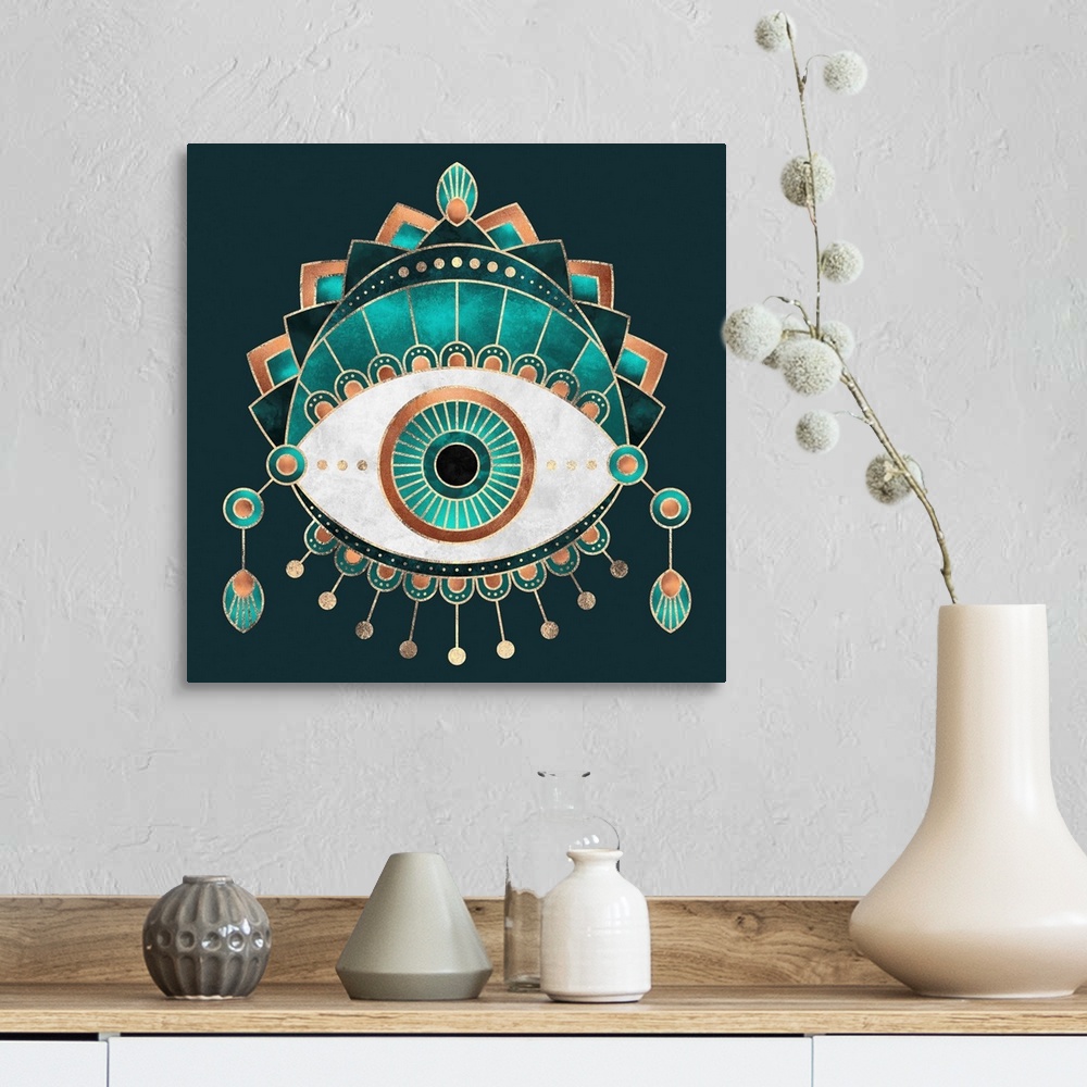 A farmhouse room featuring Hindu-style design of an elaborately decorated eye in shades of teal and copper.
