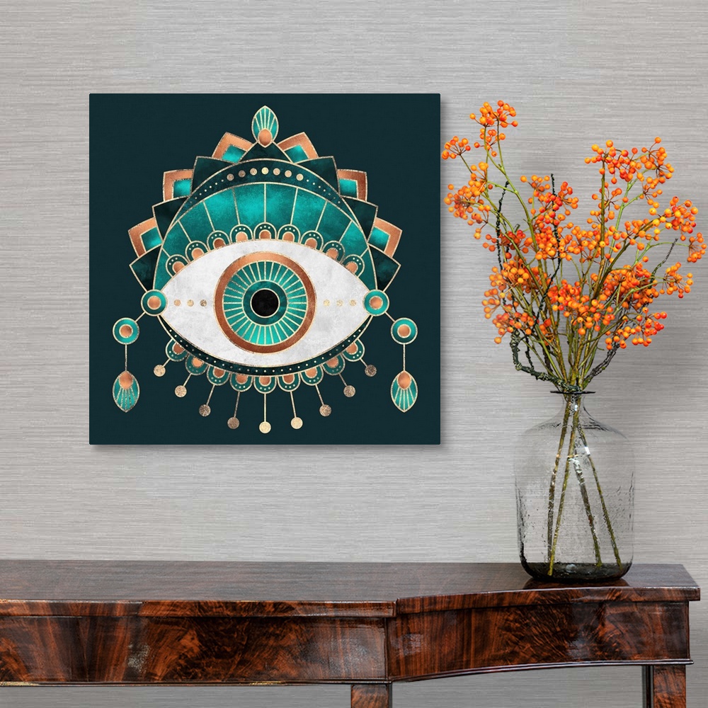 A traditional room featuring Hindu-style design of an elaborately decorated eye in shades of teal and copper.