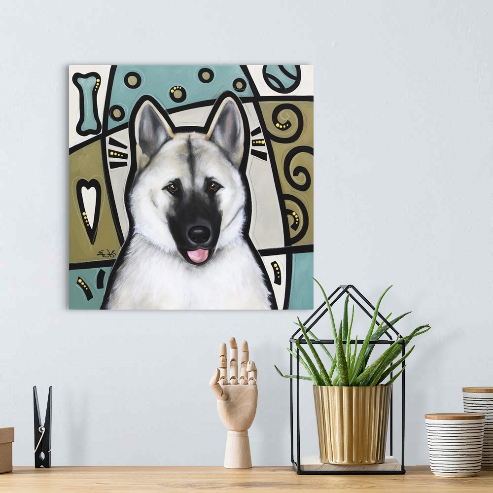 A bohemian room featuring Pop art painting of an Akita dog with bold outlines and colorful patterns.