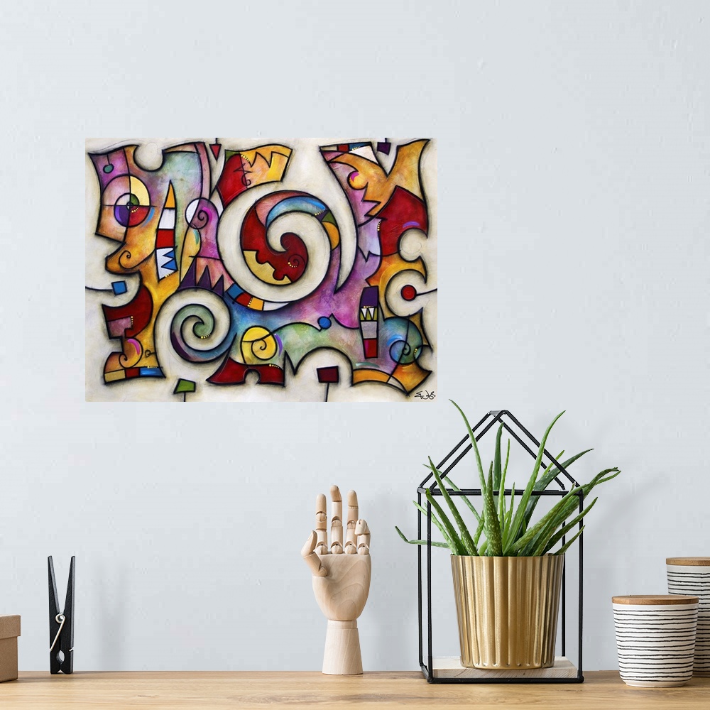 A bohemian room featuring Contemporary abstract painting of colorful puzzle-like collage resembling stained glass.