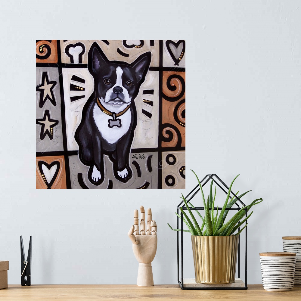 A bohemian room featuring Boston Terrier Pop Art