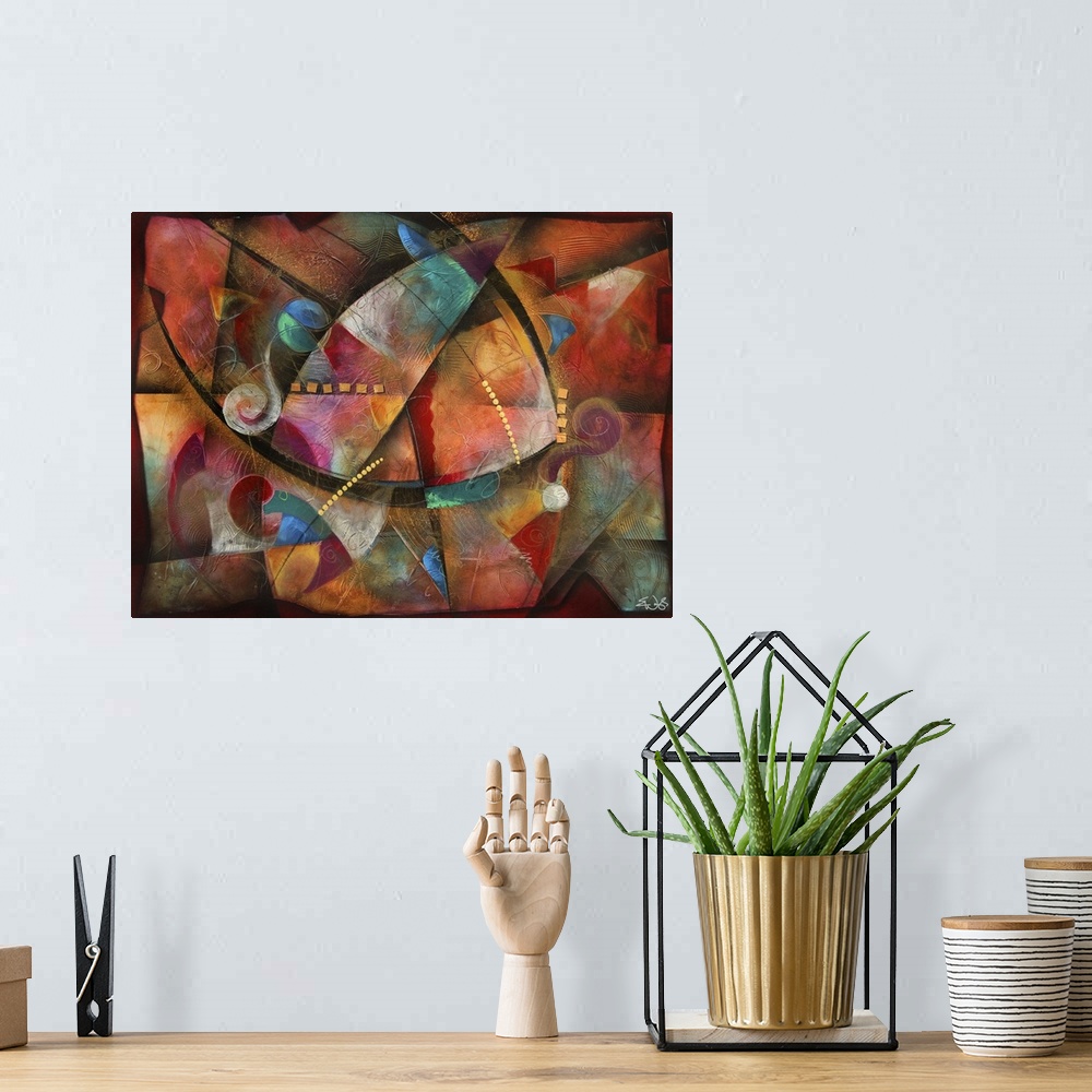A bohemian room featuring Abstract artwork that consists of various shapes that are pieced together so that they do not lin...
