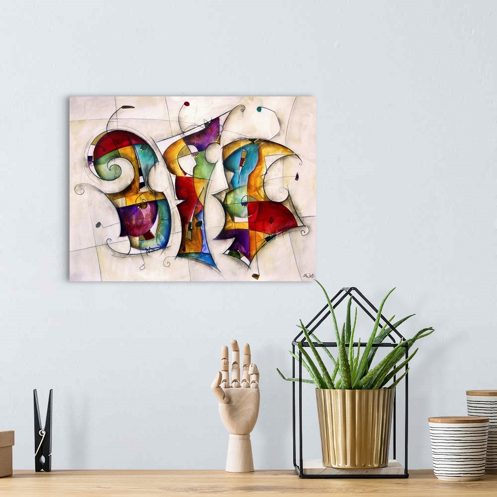 A bohemian room featuring Abstract modern art with a mix of colors and shapes.