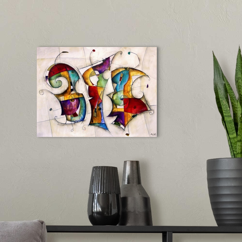 A modern room featuring Abstract modern art with a mix of colors and shapes.