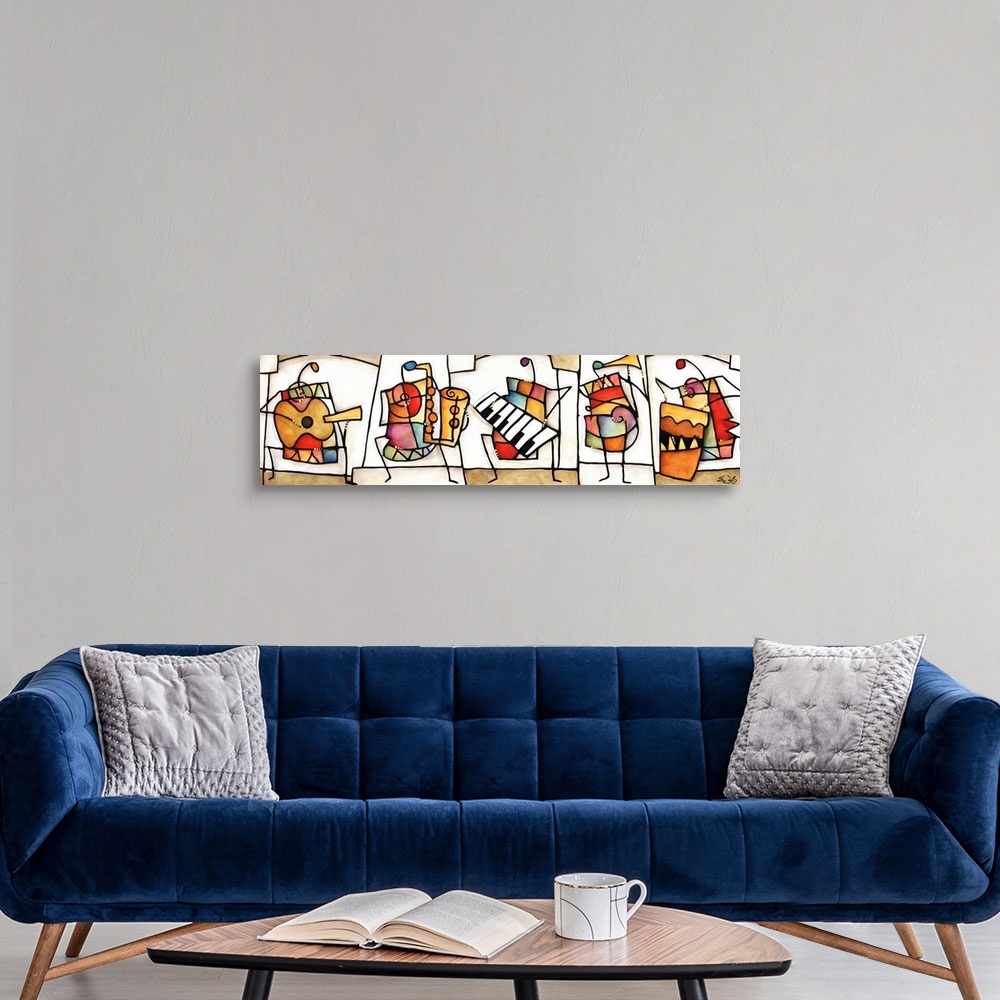 A modern room featuring Panoramic contemporary art depicts a number of abstract individuals playing a set of instruments ...
