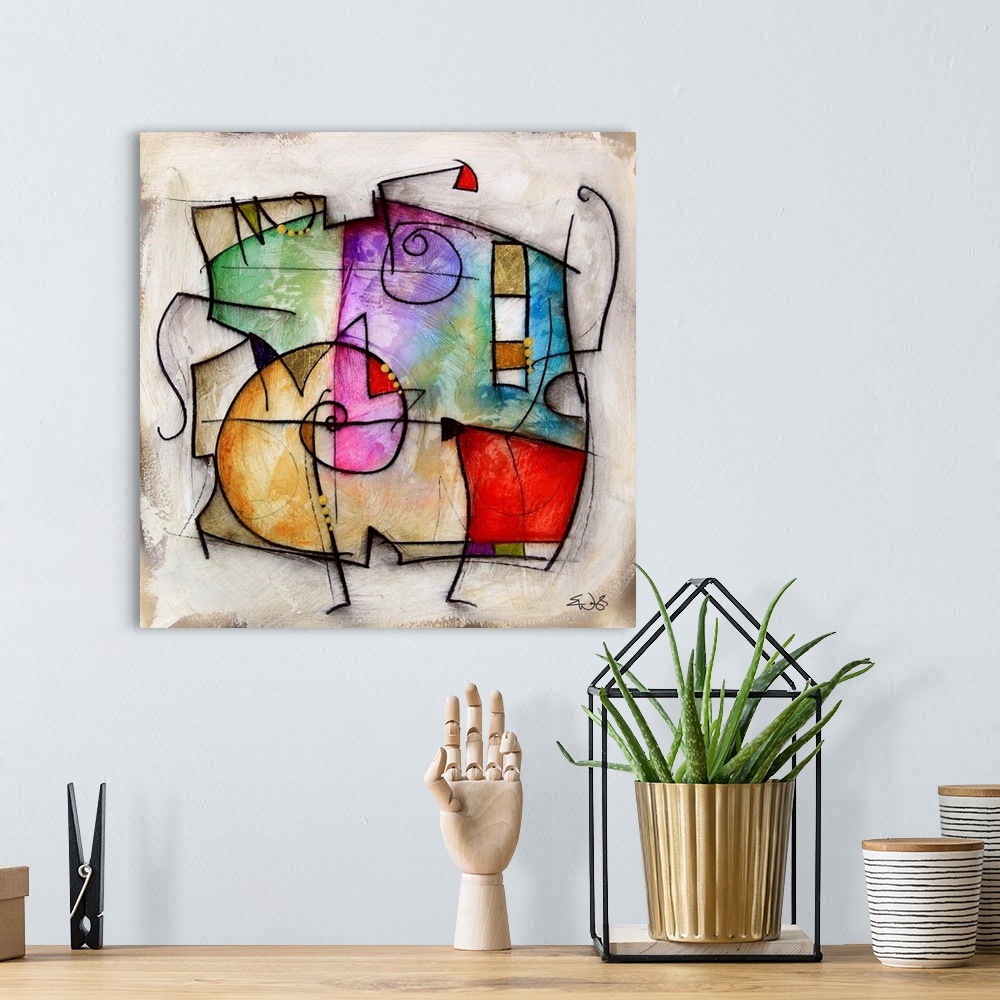 A bohemian room featuring Contemporary abstract artwork of an organic shape outlined in black and divided into colorful sec...