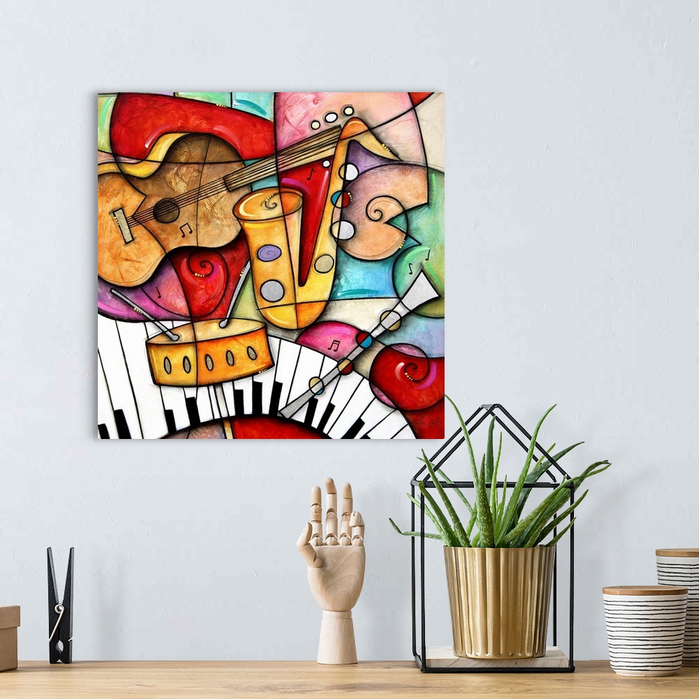 A bohemian room featuring Square artwork on a giant canvas of a grouping of illustrated jazz instruments, including the sax...